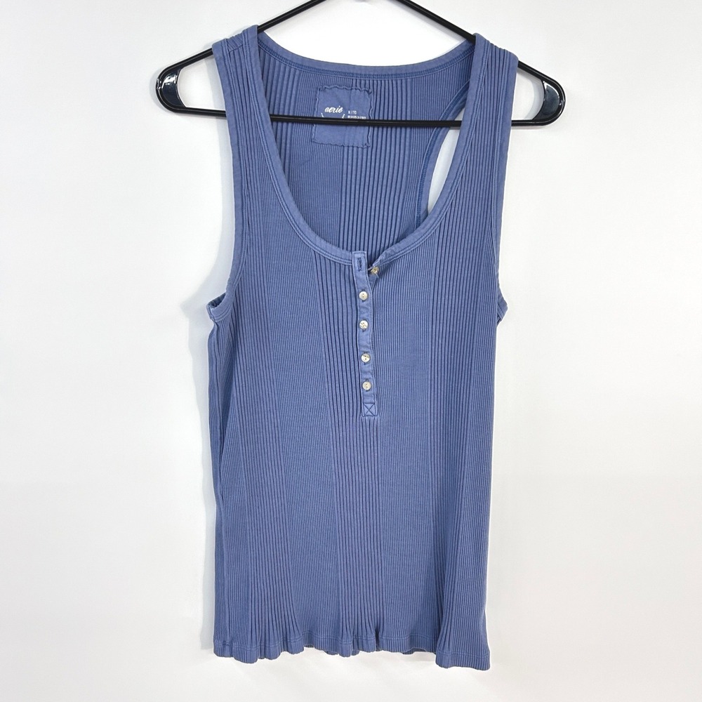 Aerie Ribbed Henley Tank Top XL Blue Scoop Neck Y2K Casual Minimalist Layering